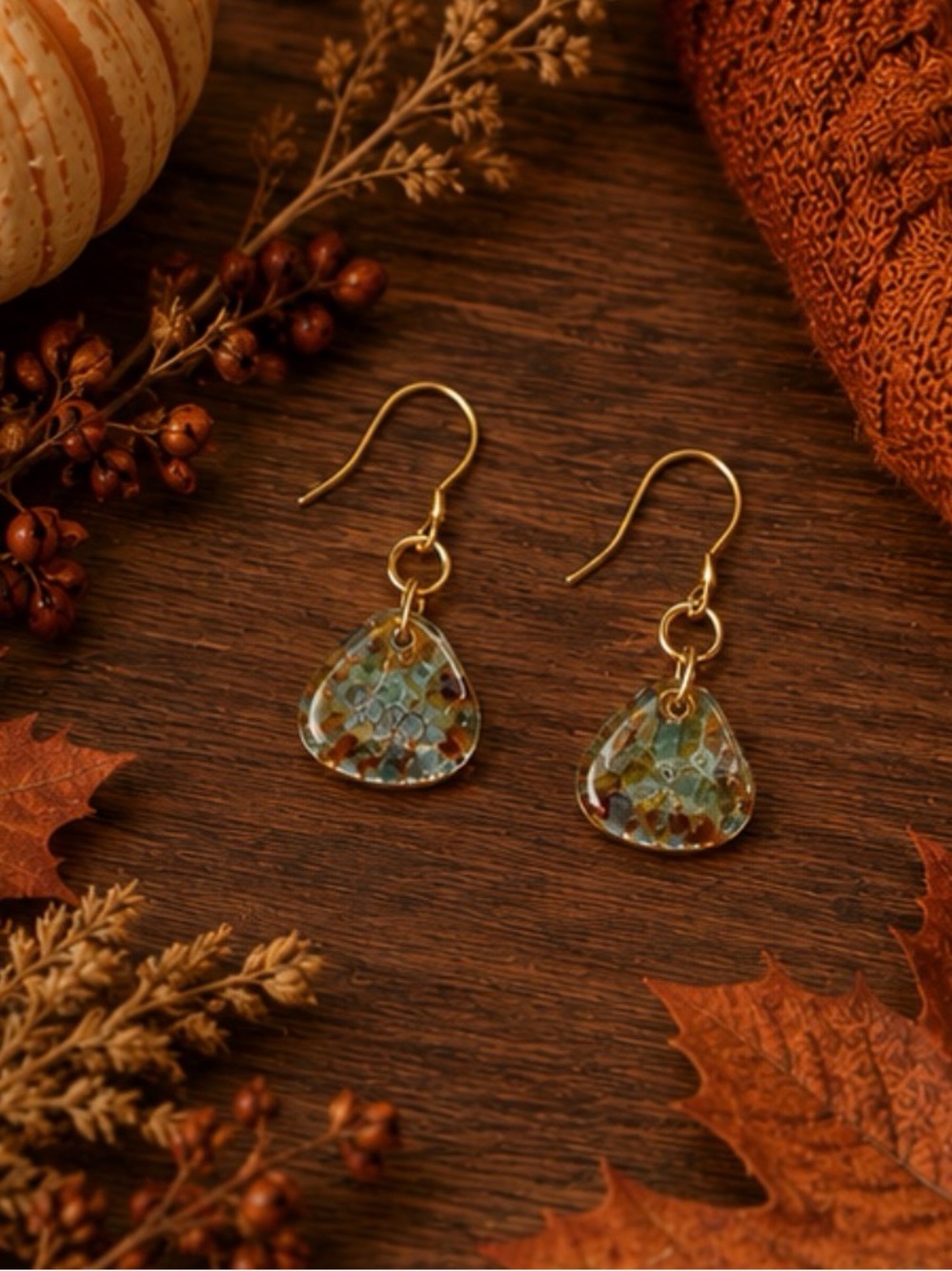 Gold Drop Earrings with Multicolor Glass Mosaic Beads